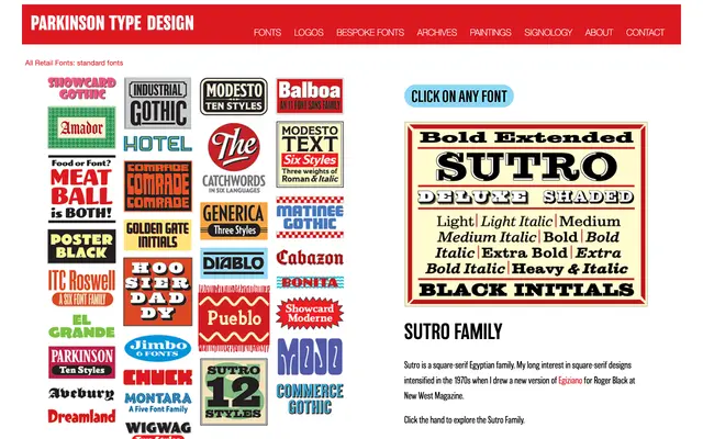 Sutro specimen from Parkinson Type Design