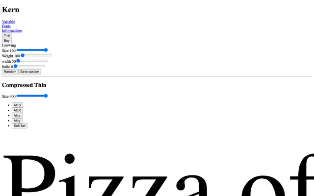 Kern specimen from Pizza Typefaces