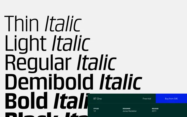 BT One specimen from Playtype