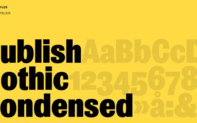Publish Gothic Condensed specimen from Playtype
