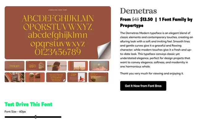 Demetras specimen from Propertype Fonts