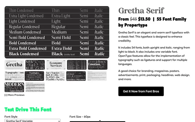 Gretha Serif specimen from Propertype Fonts