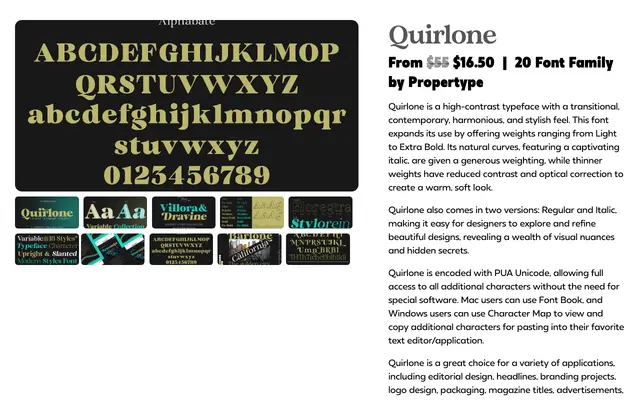 Quirlone specimen from Propertype Fonts