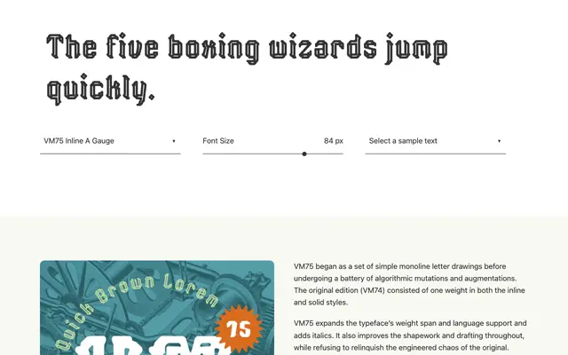 VM75 specimen from PSY/OPS Type Foundry
