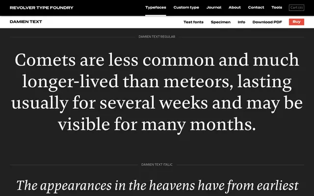 Damien Text specimen from Revolver Type Foundry