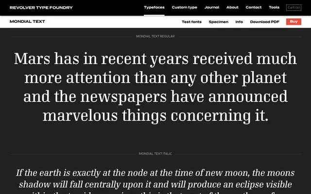 Mondial Text specimen from Revolver Type Foundry