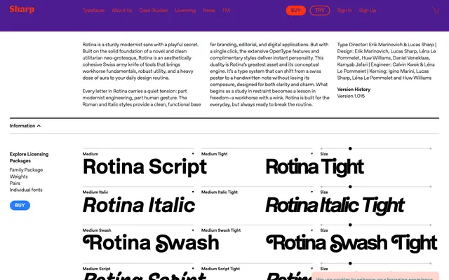 Rotina Script specimen from Sharp Type