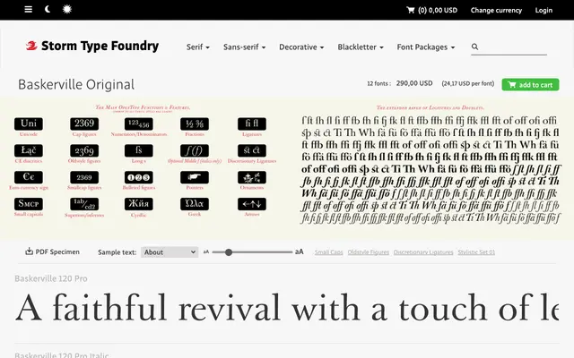 Baskerville Original specimen from Storm Type Foundry