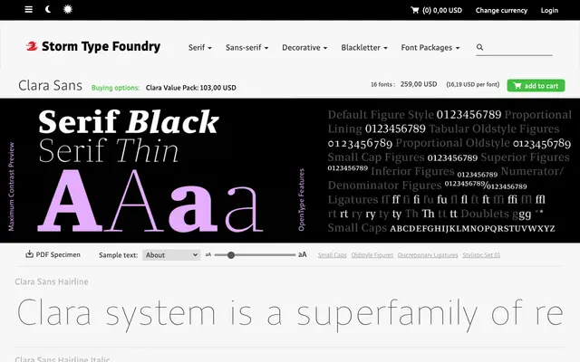 Clara Sans specimen from Storm Type Foundry