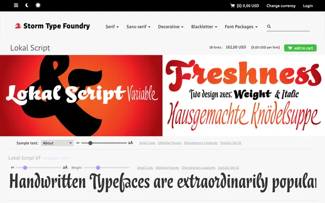 Lokal Script specimen from Storm Type Foundry