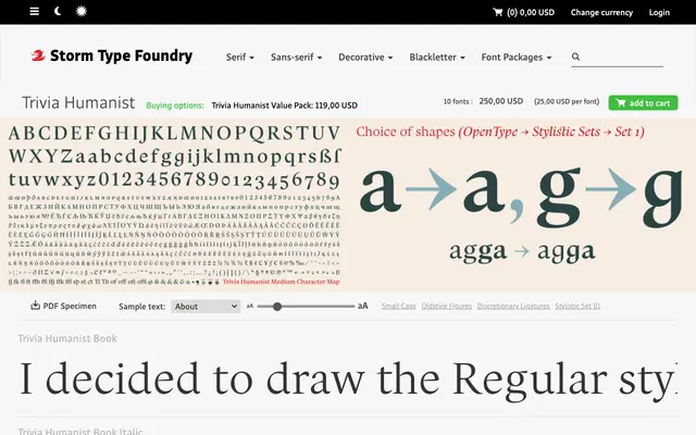 Trivia Humanist specimen from Storm Type Foundry