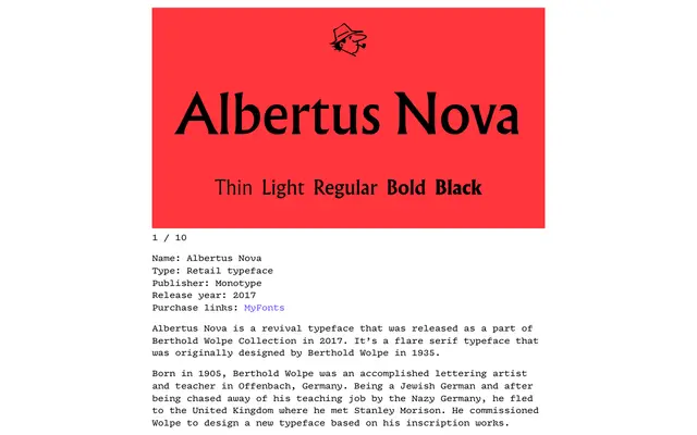 Albertus Nova specimen from Tabular Type Foundry