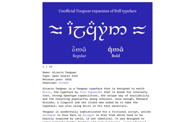 Alcarin Tengwar specimen from Tabular Type Foundry