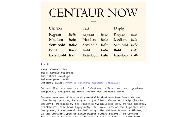 Centaur Now specimen from Tabular Type Foundry