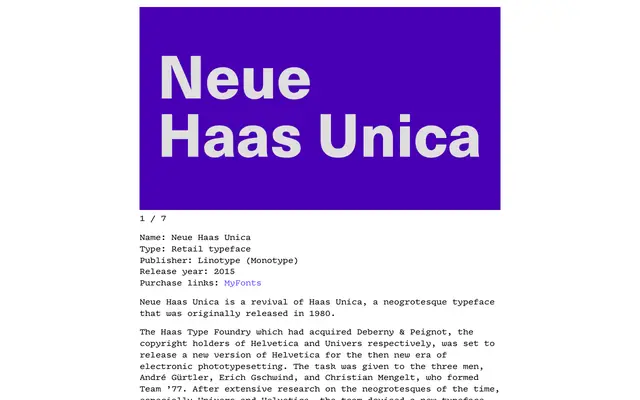 Neue Haas Unica specimen from Tabular Type Foundry