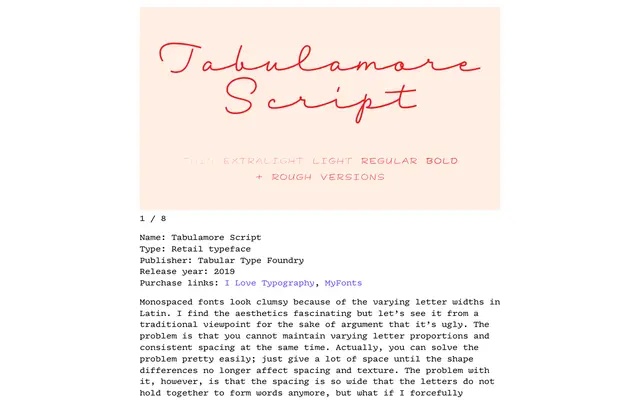 Tabulamore Script specimen from Tabular Type Foundry