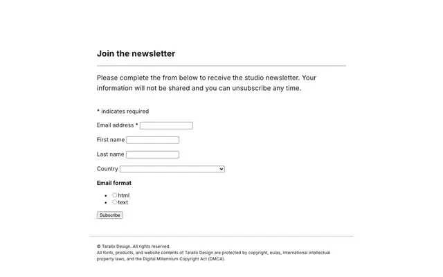 Tarallo Design Newsletter specimen from Tarallo Design