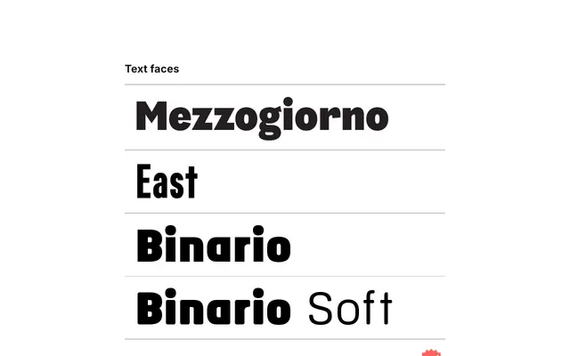 Text faces specimen from Tarallo Design