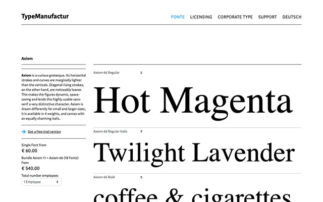 Axiom specimen from Typemanufactur
