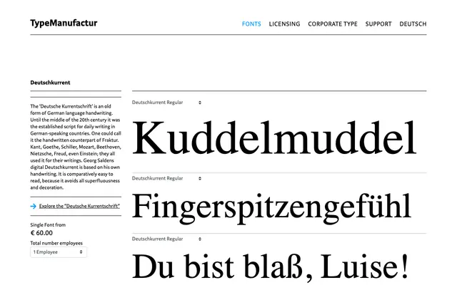 Deutschkurrent specimen from Typemanufactur
