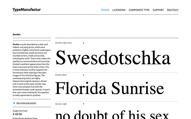 Gordon specimen from Typemanufactur