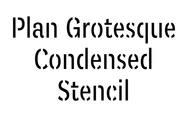 Plan Grotesque Condensed Stencil specimen from Typotheque