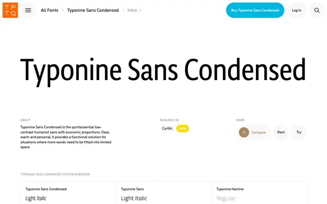 Typonine Sans Condensed specimen from Typotheque
