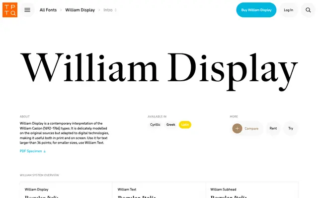 William Display specimen from Typotheque