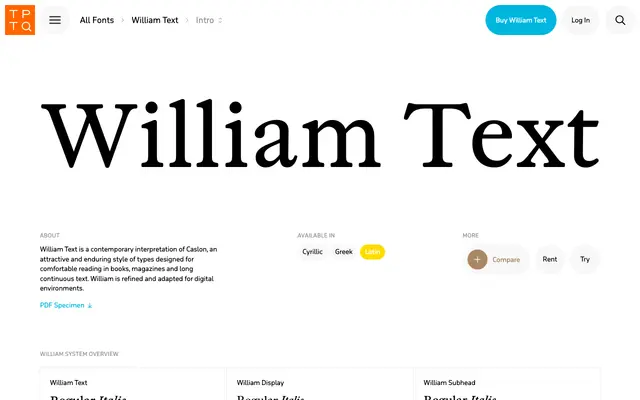 William Text specimen from Typotheque