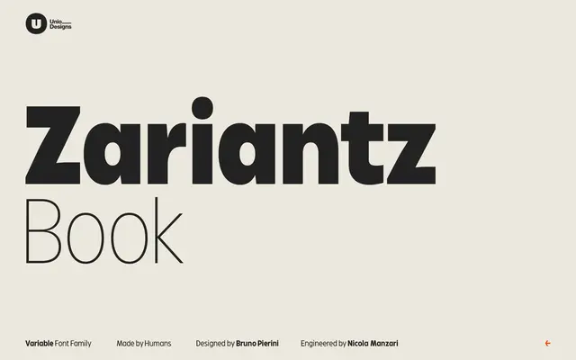 Zariantz Book specimen from Unio Designs