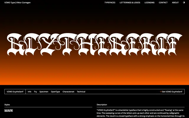 VZWO ScytheSerif specimen from VZWO Type